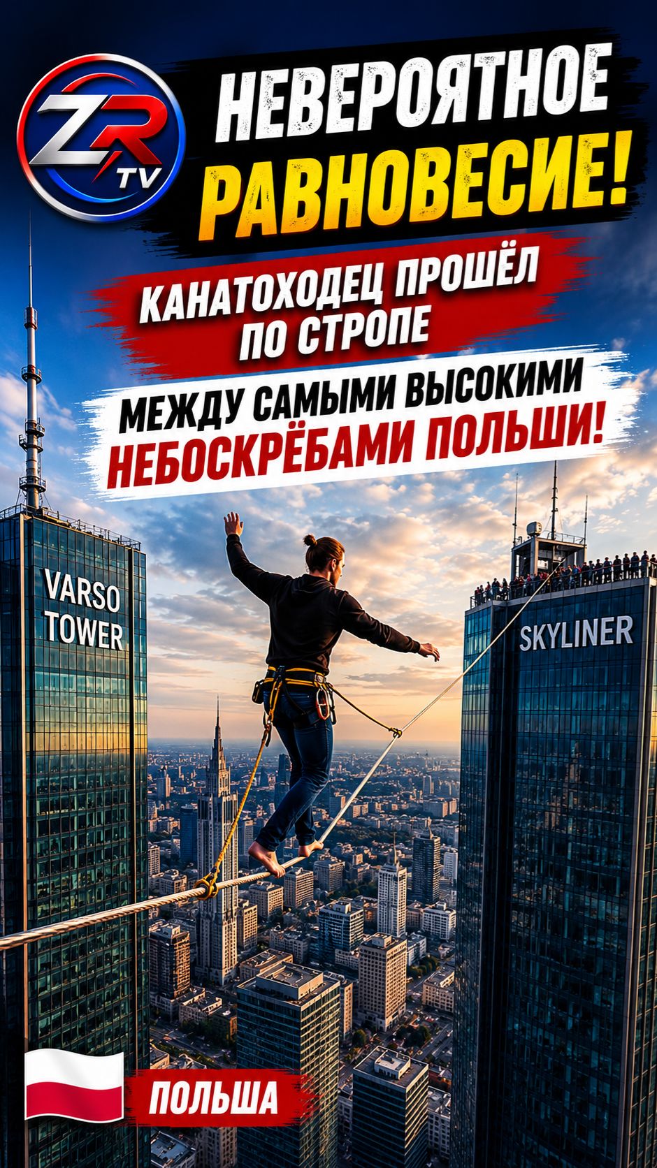Невероятное чувство баланса: канатоходец прошёл по стропе между самыми высокими небоскрёбами Польши