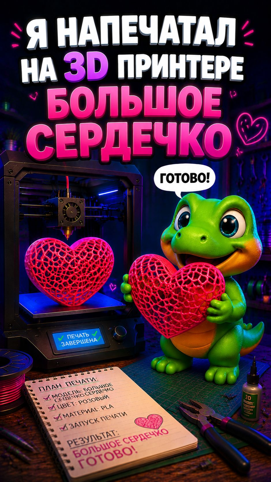Я напечатал на 3D принтере большое сердечко