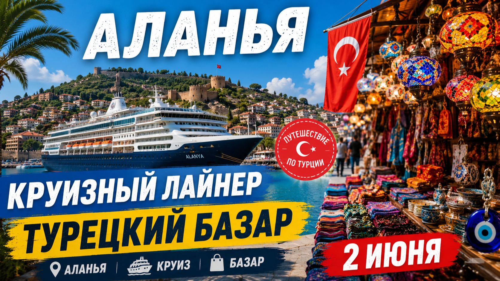 КРУИЗНЫЙ ЛАЙНЕР В ПОРТУ АЛАНЬИ.ТУРЕЦКИЙ БАЗАР 2 ИЮНЯ.