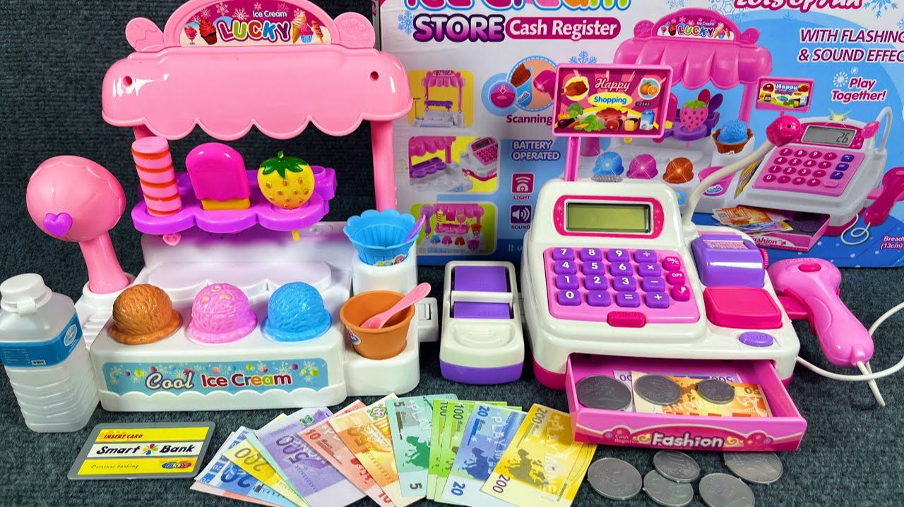 Кассовый аппарат в милом розовом магазине мороженого! Распаковка и Обзор ярких игрушек! Мультики!