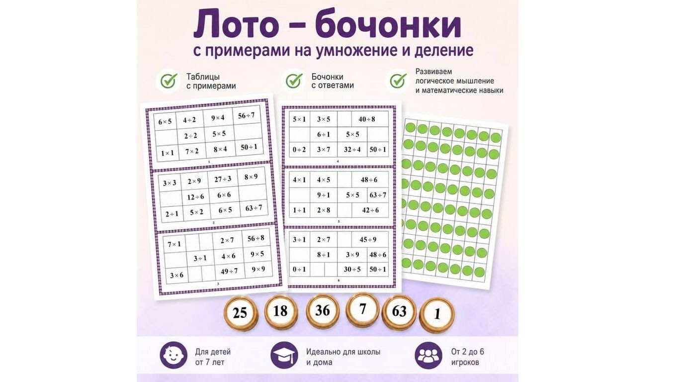 Лото – бочонки  с примерами на умножение и деление