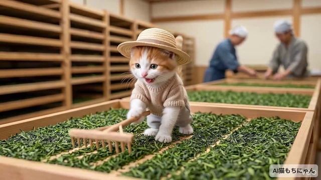 Китайский котик готовит матче-лате для бабушки