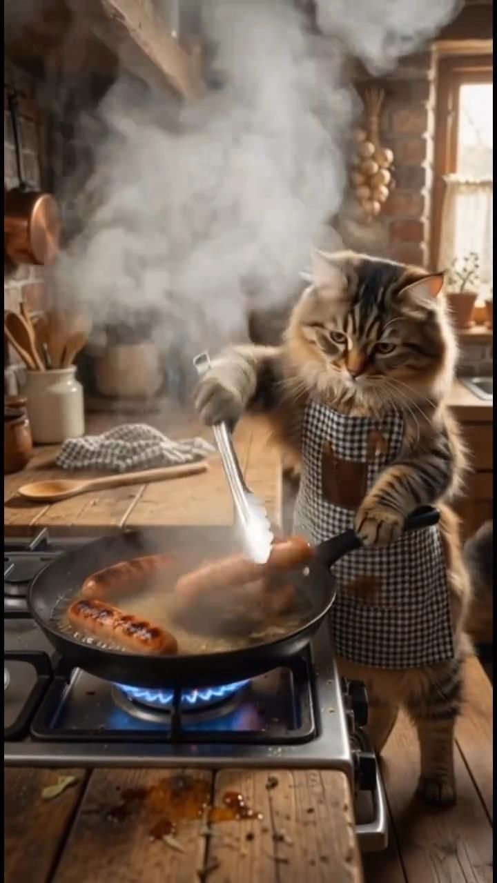 🐾🍳 Котик-повар мастерски жарит колбаски  🐾🍳