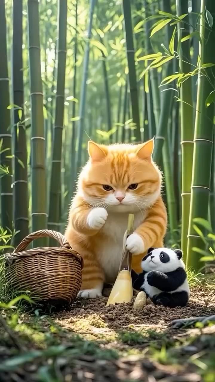 🐻🐱Дружба рыжего котика-пухляша и маленькой панды 🐾