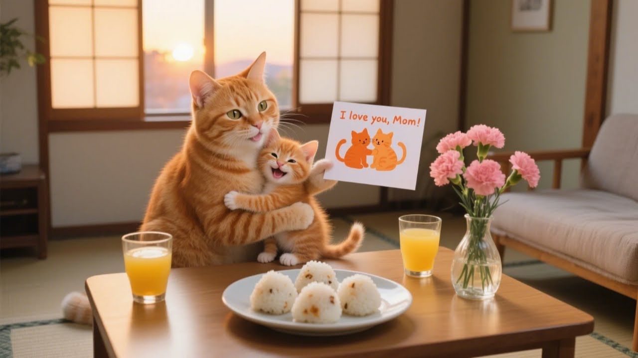 Котенок один готовит рисовые шарики, ожидая, когда мама-кошка придет с работы 😿🍙❤️