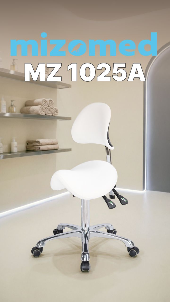 Стул-седло для мастера Mizomed MZ 1025A на колесиках, со спинкой, белый
