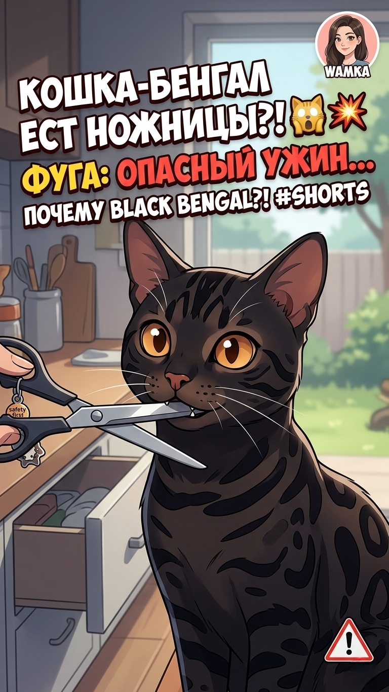 Кошка Фуга: КРЫША СЪЕХАЛА? 🙀 Она ЕСТ НОЖНИЦЫ! | Black Bengal | #SHORTS