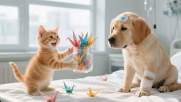 GINGER'S DAILY MEOW - ДЖИНДЖЕР И МАМА-КОШКА СКЛАДЫВАЮТ БУМАЖНЫХ ЖУРАВЛИКОВ🐱🕊️🐶