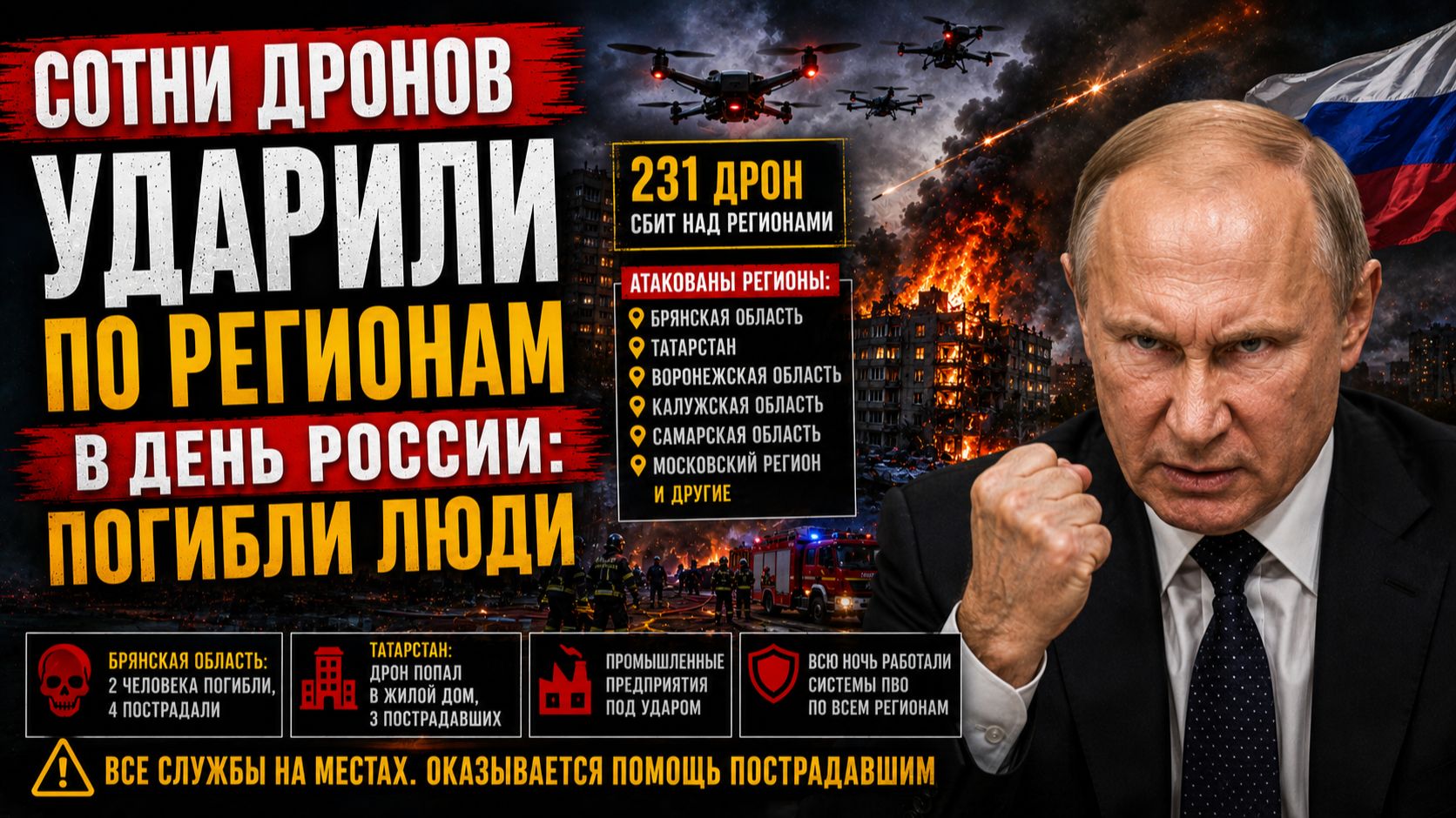 Сотни дронов ударили по регионам в День России погибли люди. Главное о массовых налетах