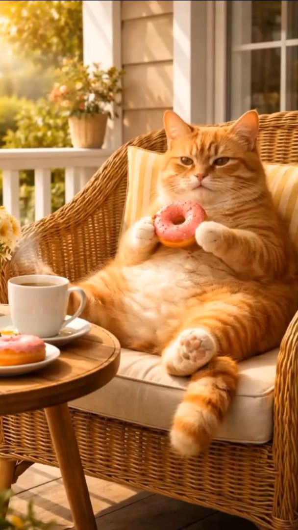 🍩😻 Рыжая киса с аппетитом ест пончик и запивает чаем 🍩😻