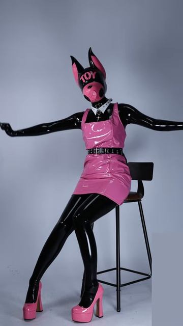 Black Latex Catsuit And Shine Pink Vinil Dress With FeturaX Black&Pink Silicone Mask  #rubber #latex
