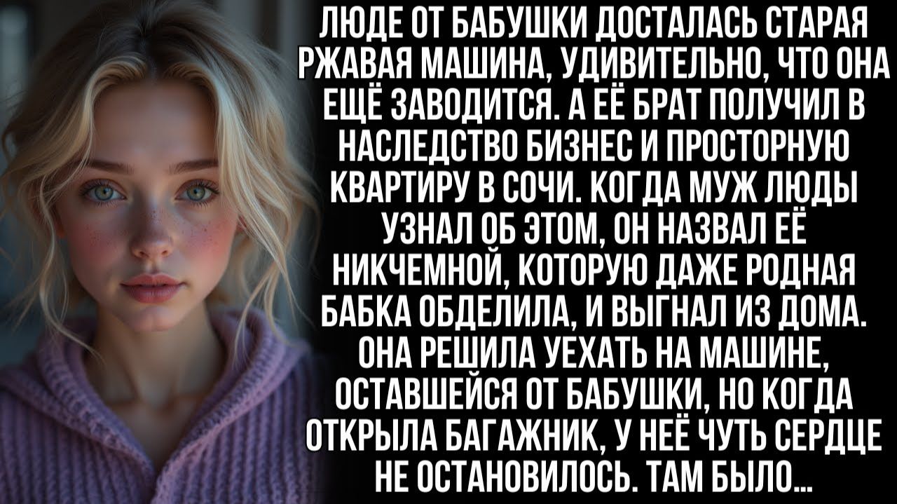 В наследство от бабушки Люде досталась ржавая машина, но открыв багажник, она онемела от шока…