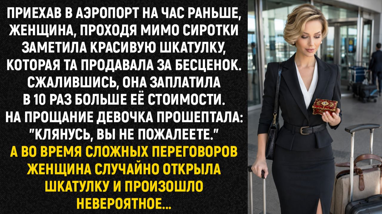 Приехав в аэропорт на час раньше, женщина, проходя мимо сиротки заметила красивую шкатулку...