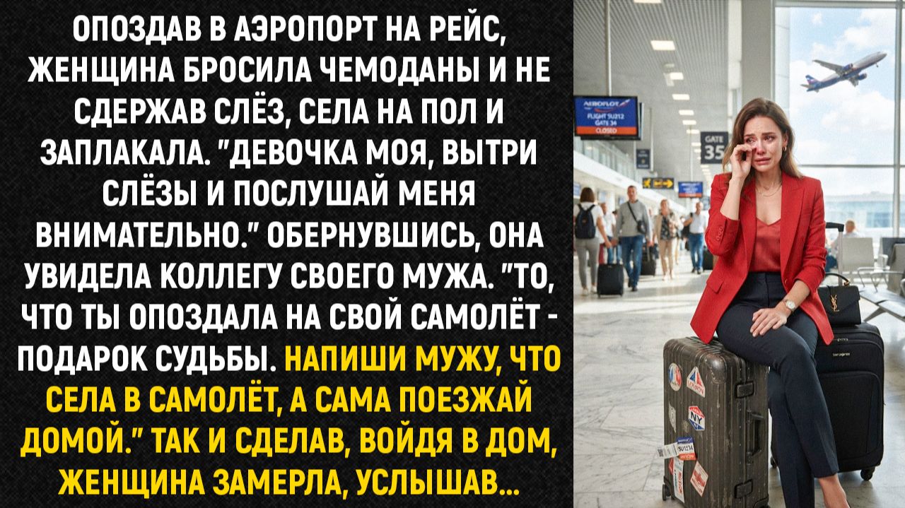 Опоздав в аэропорт на рейс, женщина бросила чемоданы и не сдержав слёз, села на пол и заплакала...