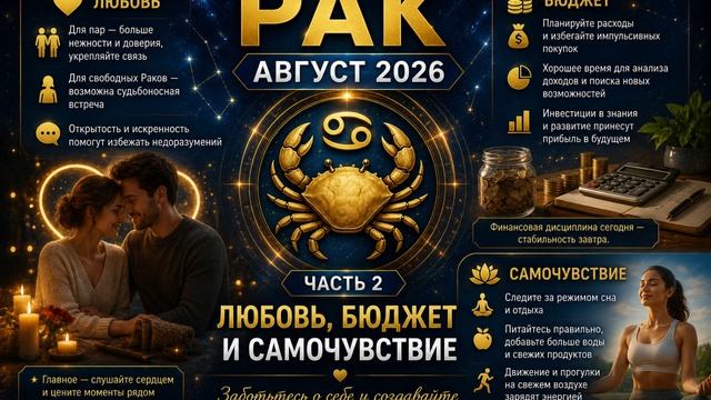 Рак на август 2026. Часть 2 — Любовь, бюджет и самочувствие