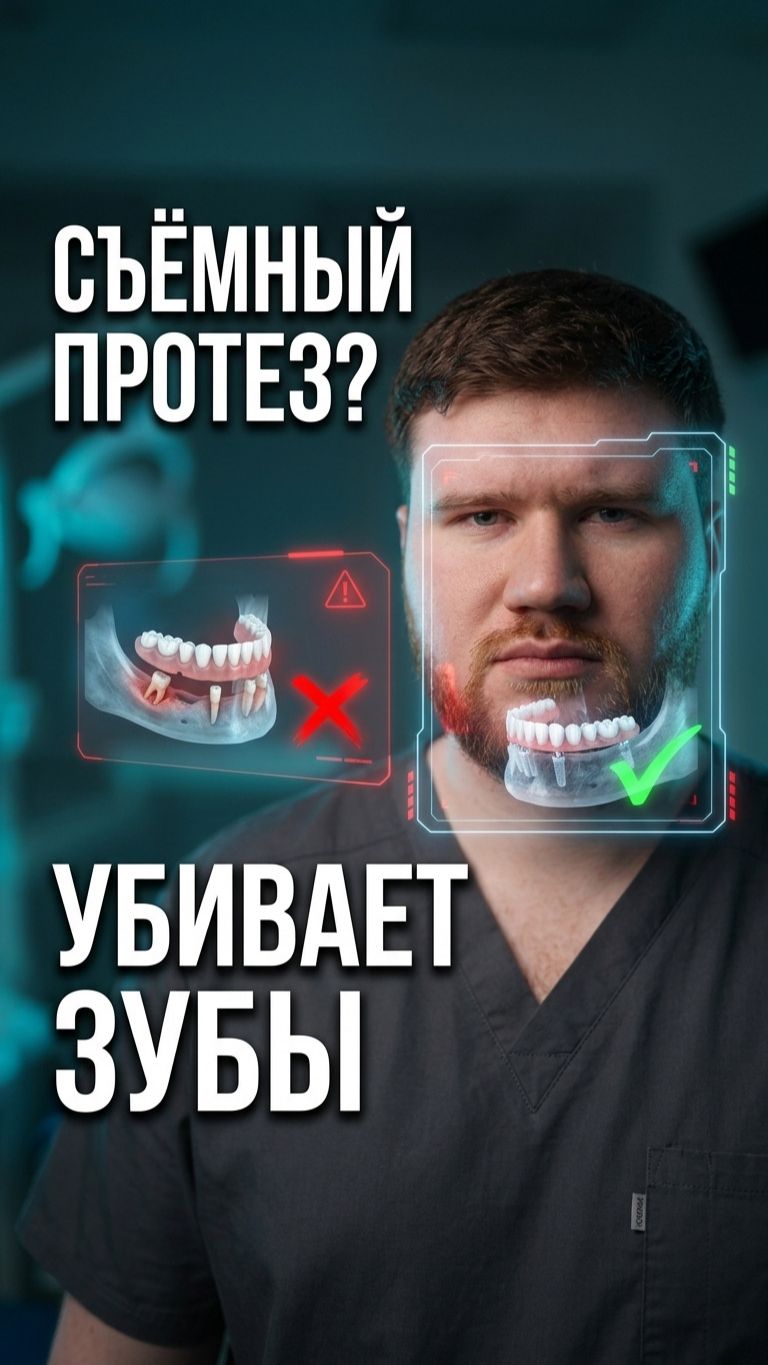 Съемной протез разрушает зубы и кость. All-on-4 — фиксированное решение без снятия.