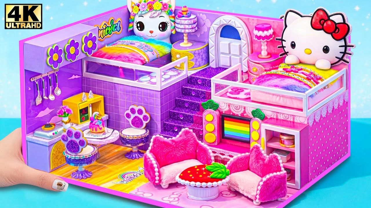 Сделайте милый домик Hello Kitty с 2 спальнями и фиолетовой комнатой единорога 💖🦄 #Миниатюрный