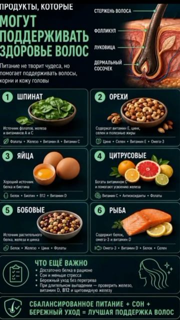 Продукты поддерживающие здоровье рост волос.