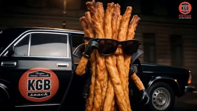 AI-ролик KGB Snacks — маскот и брендированная Волга