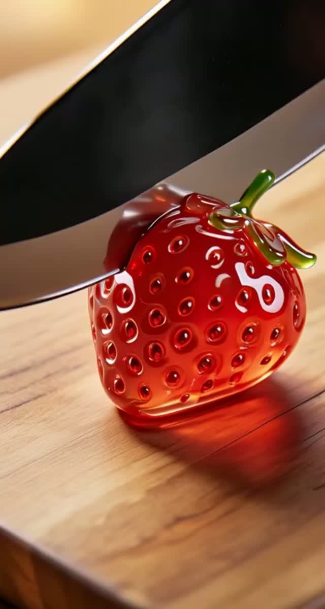 Нож разрезает стеклянную клубнику 🍓🔪 Магия 3D и AI графики! ✨