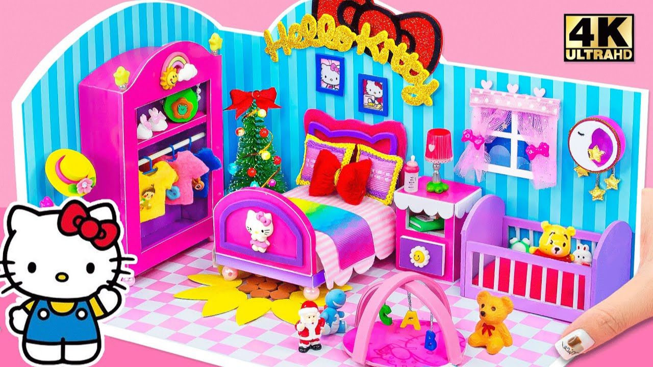 Сделайте миниатюрный домик Hello Kitty со спальней, детской кроваткой и плюшевым мишкой 💖 Миниа