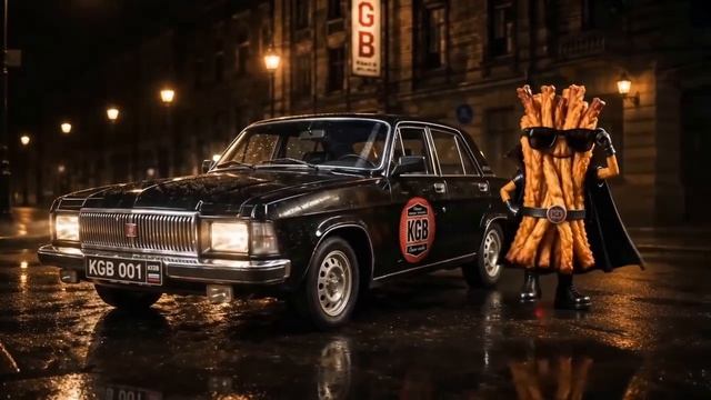 AI-реклама снеков KGB Snacks — ретро-Волга в ночном городе