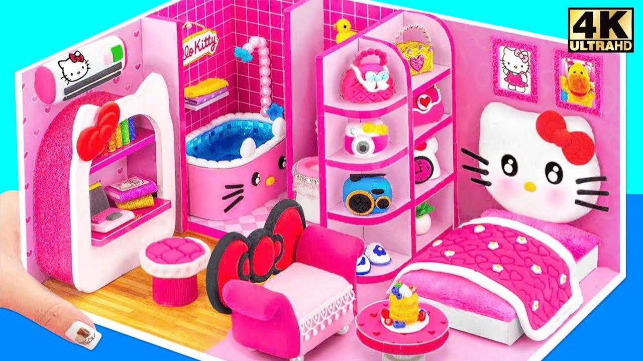 Постройте милую спальню Hello Kitty и мини-ванную из картона ❤️ Розовый миниатюрный домик своим