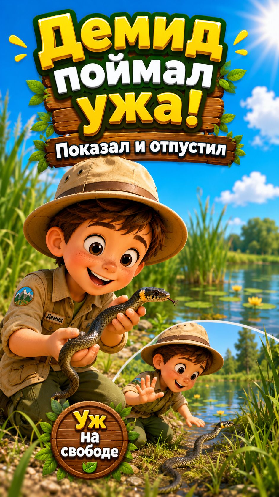 Демид поймал ужа  Показал и отпустил обратно в природу!