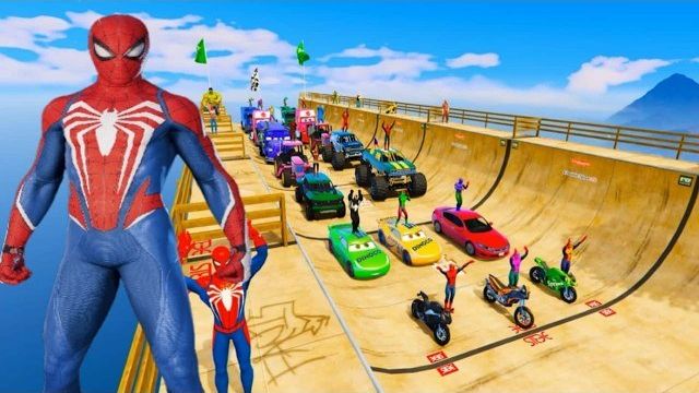 GTA 5 ЧЕЛОВЕК-ПАУК: Эпическая гонка на монстр-траках | против Халка, Божьей Коровки и Дэдпула