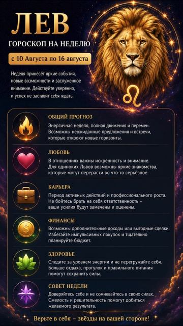 Лев. Полный гороскоп  на неделю с 10 Августа по 16 Августа