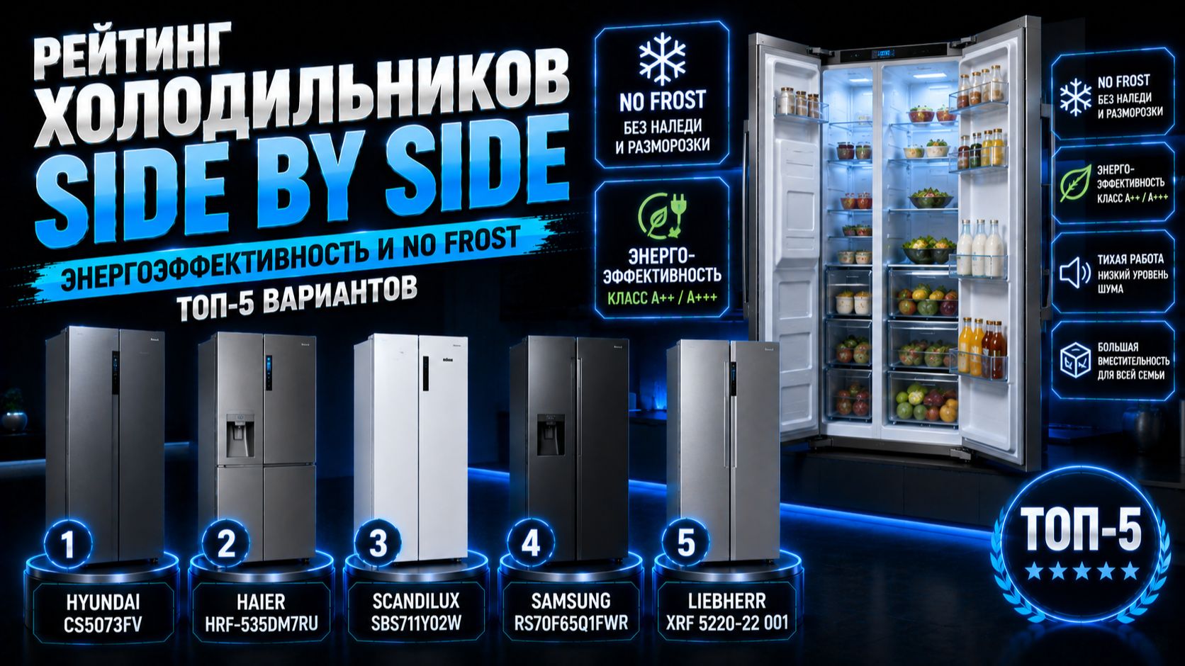 Рейтинг холодильников Side By Side: энергоэффективность и No Frost — топ‑5 вариантов.