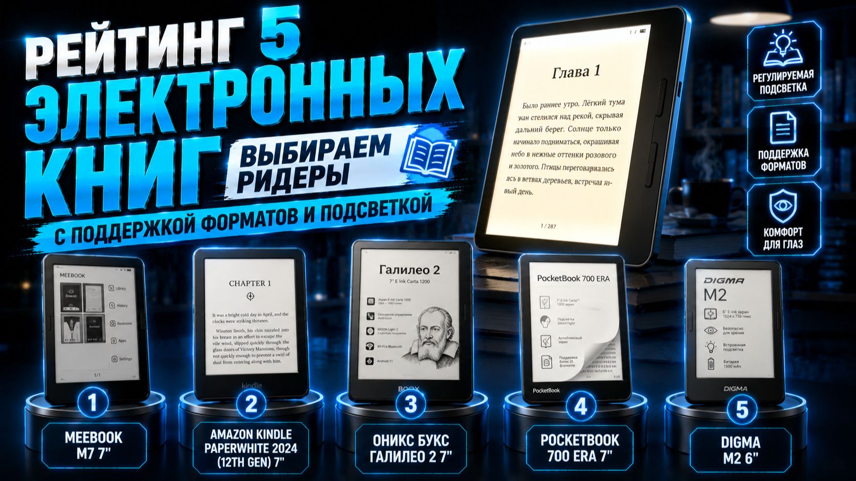 Рейтинг 5 электронных книг — выбираем ридеры с поддержкой форматов и подсветкой