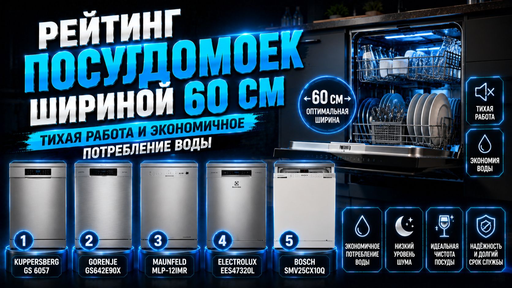Рейтинг посудомоек шириной 60 см: тихая работа и экономичное потребление воды.