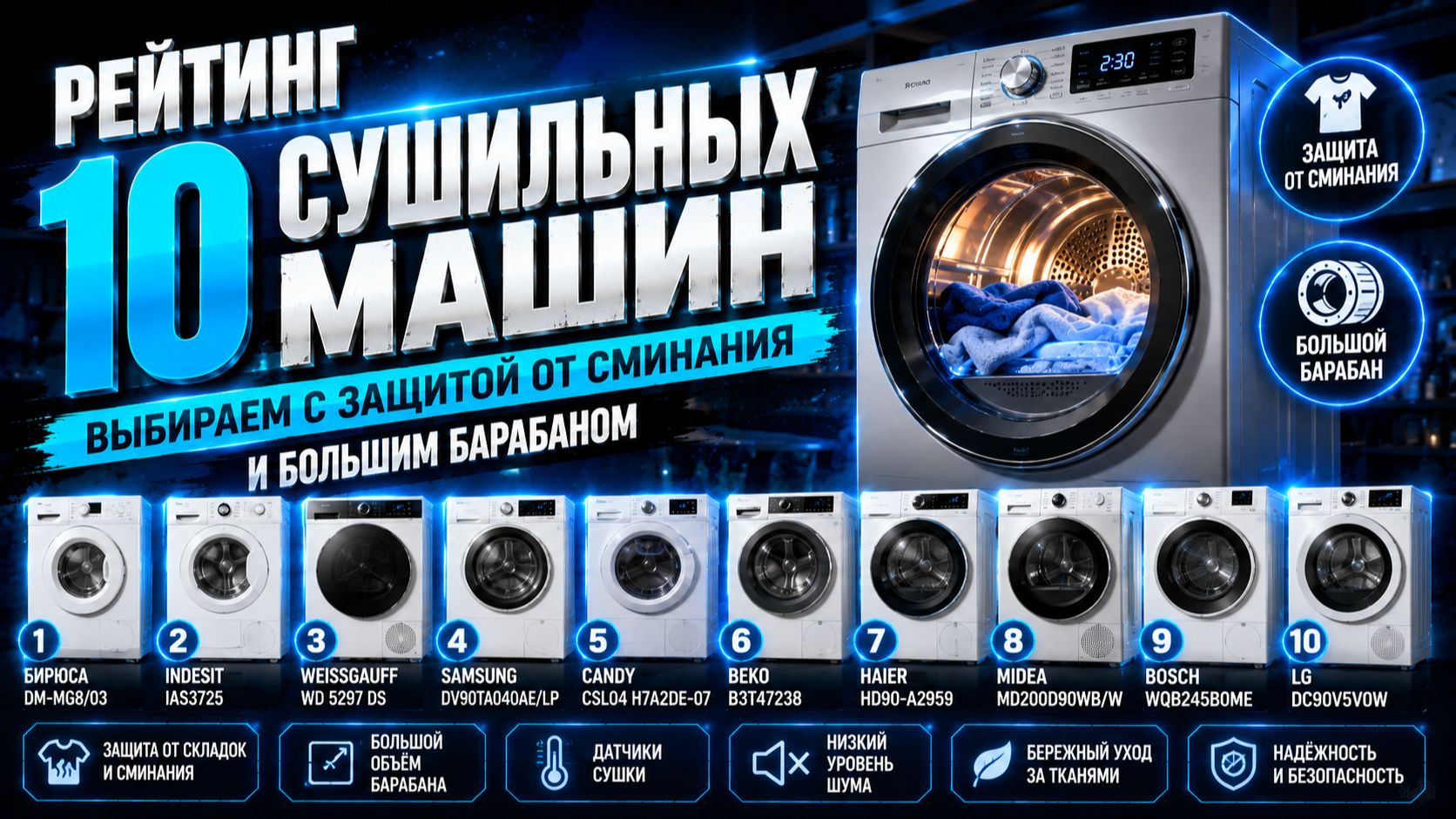 Рейтинг 10 сушильных машин: выбираем с защитой от сминания и большим барабаном