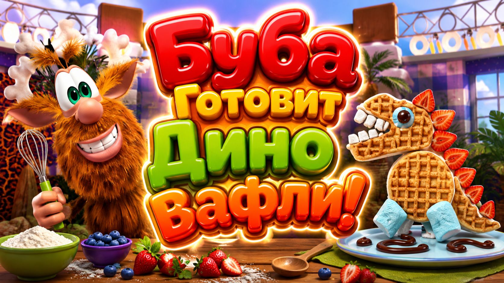 🦖🧇 Буба Готовит Дино Вафли! 🌈 Весёлое Кулинарное Приключение 🍓 Развивающий Мультфильм для детей