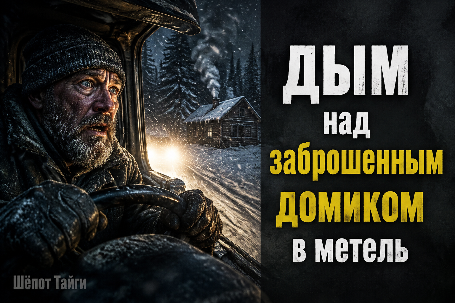 Дым над заброшенным домиком среди северной метели