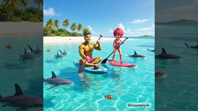Ананасик и Рамбутана плавают на Сапбордах и видят акул! Мультфильм😆