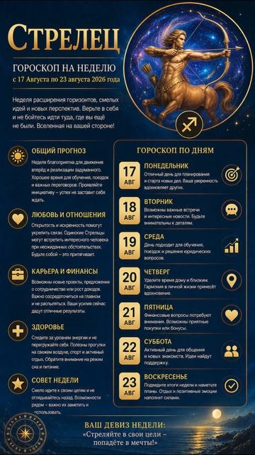 Стрелец. Полный гороскоп  на неделю с 17 Августа по 23 Августа