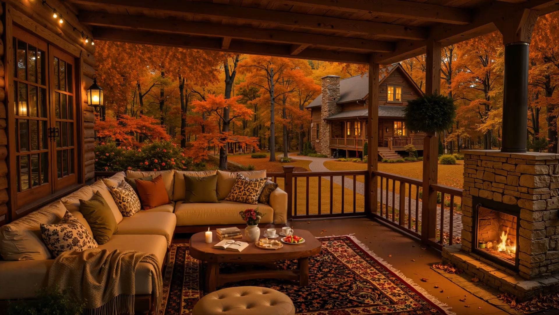 ОСЕННИЙ ДЖАЗ НА УЮТНОЙ ВЕРАНДЕ 🍂🎷 КАМИН, ТЁПЛЫЙ ЛЕС И МУЗЫКА ДЛЯ ОТДЫХА