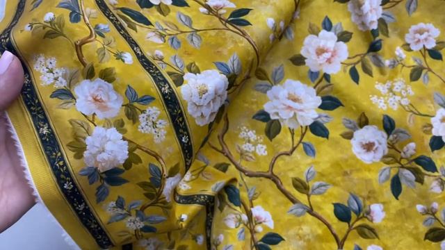Хлопок золотой с принтом в азиатском стиле Пионы шинуазри 14526