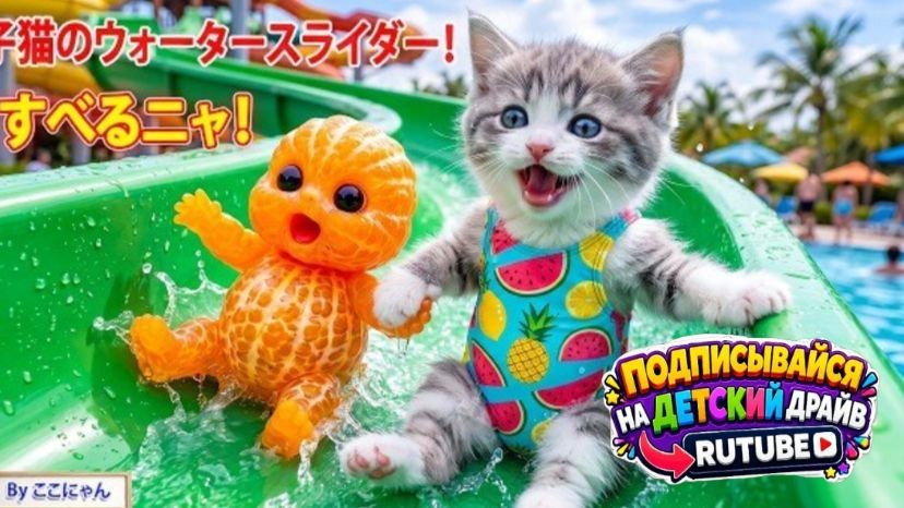 ⚡ Котёнок 🐈 и мандариноребёнок 🍊 в аквапарке⚡