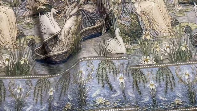 Хлопок серо-голубой с арт-принтом Девы и лебеди 14520