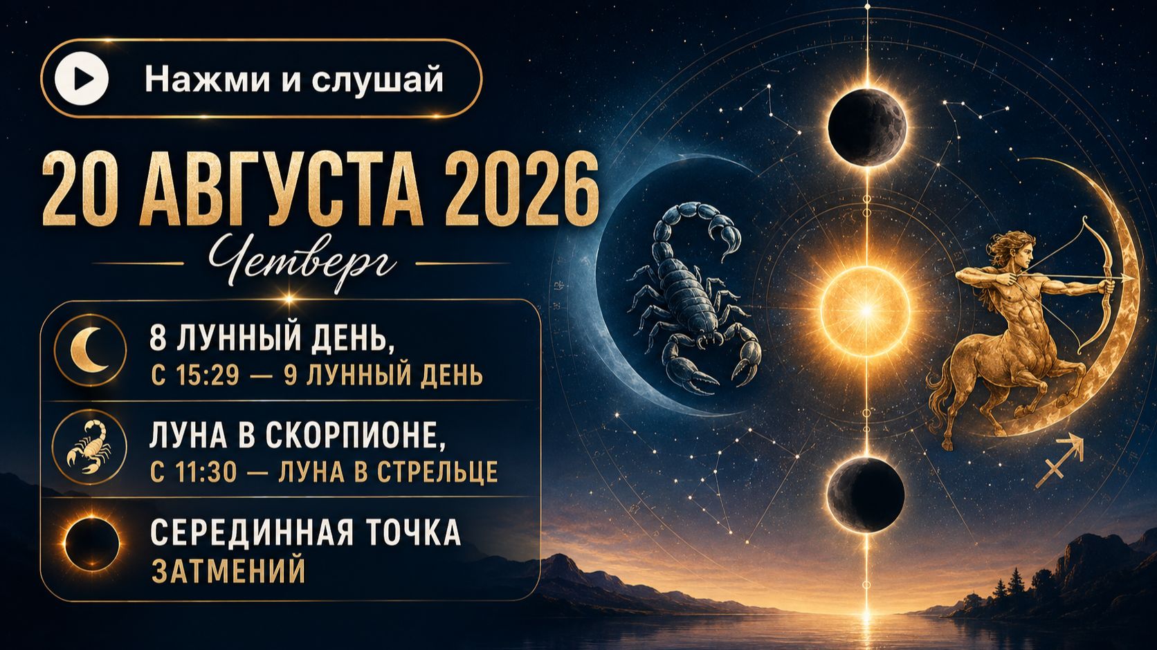 20 августа 2026 - гороскоп. Серединная точка затмений