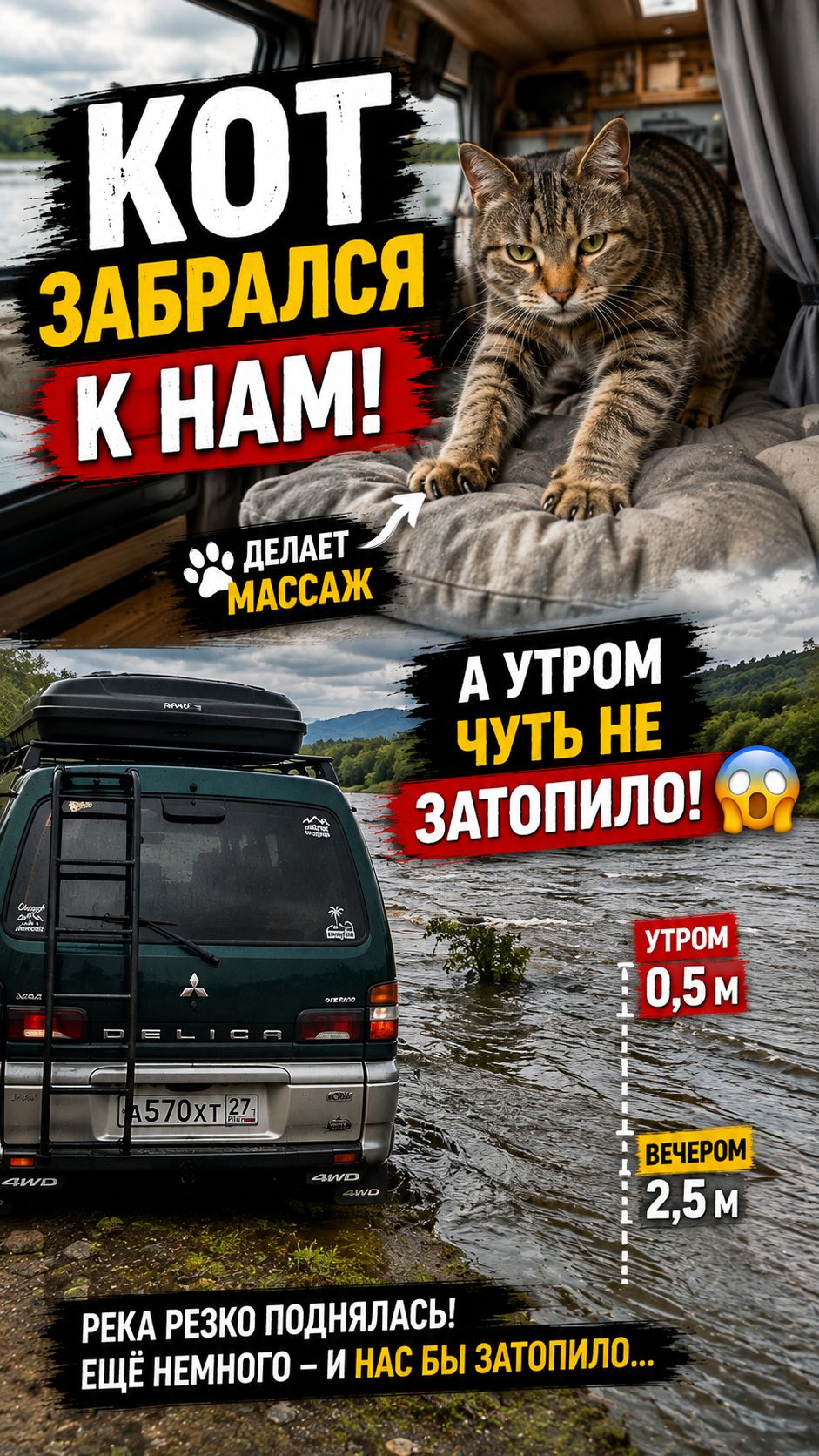 КОТ ЗАБРАЛСЯ К НАМ В АВТОДОМ  А УТРОМ РЕКА ЧУТЬ НЕ ЗАТОПИЛА НАС!