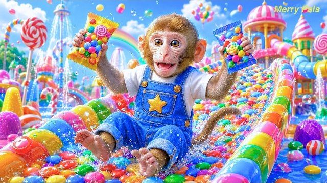 Симпатичная моно обезьянка ловит разноцветную рыбу в доме и преследуется акулами