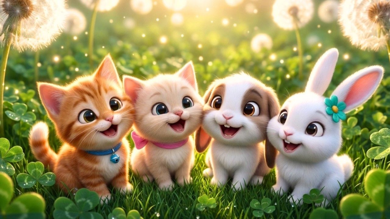 Счастливые котята играют с милыми кроликами на зеленом лугу # Кошачьи звуки # смешно для детей