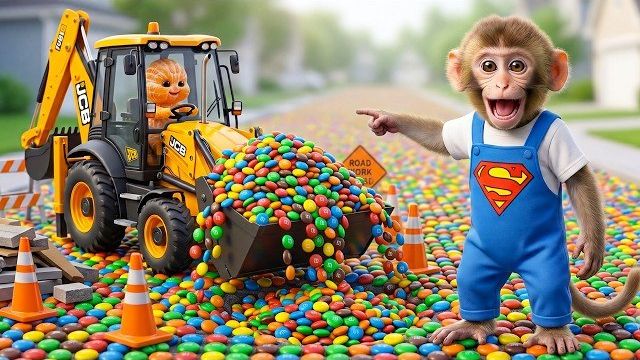 Обезьянка Моно едет на экскаваторе, чинит дорогу конфетами M & M's, а затем становится сюрпризом во