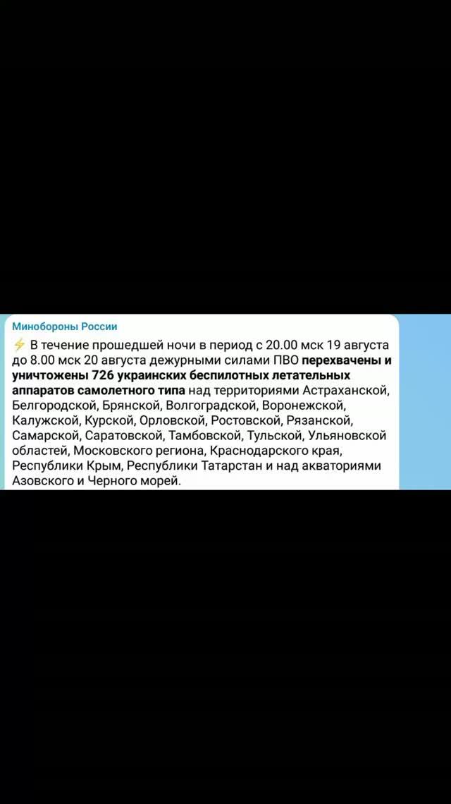 ПВО перехвачены и уничтожены 726 украинских БПЛА и наш ответ, 20 августа 2026