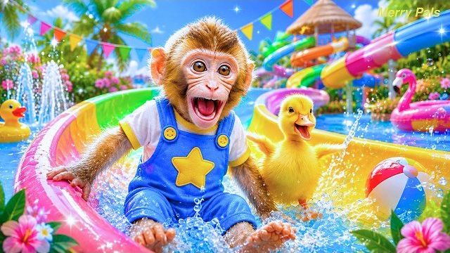 Monkey Mono Pintar ремонтирует Красочный Домик из воздушных шаров и ванночку со щенками и утятами