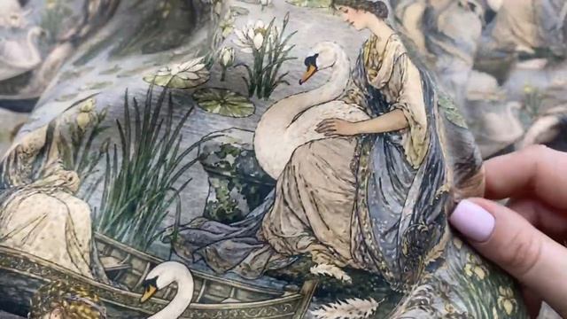 Хлопок серо-голубой с арт-принтом Девы и лебеди 14521